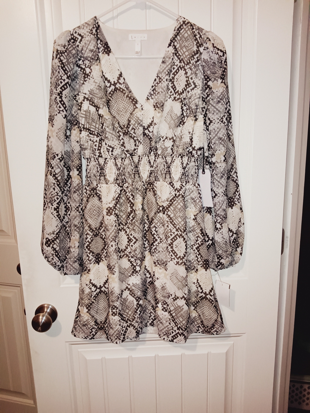 Leith Neutral Snake-Print Long Sleeve Dress